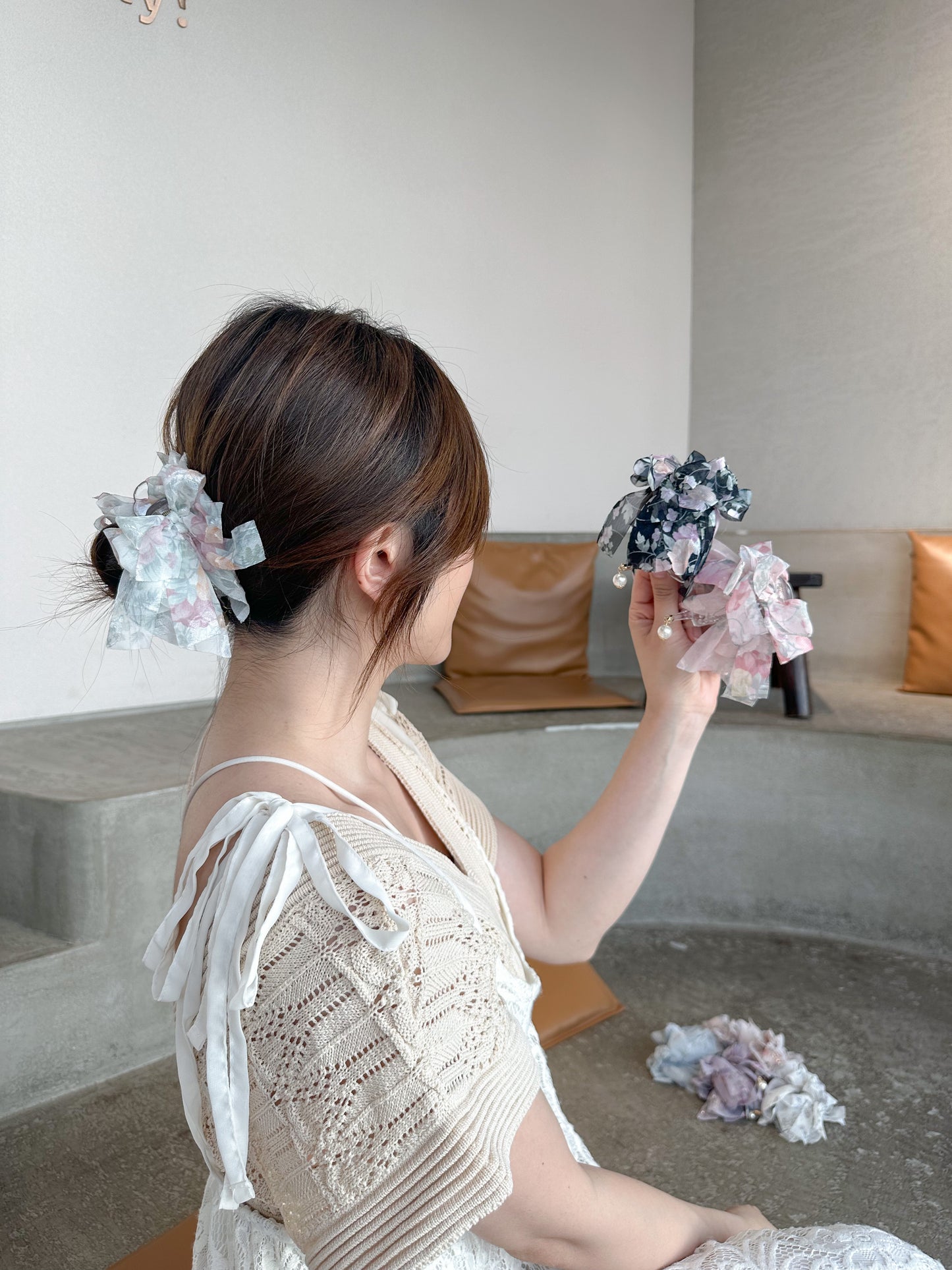 🌺花花雪紡丸子頭爪夾
