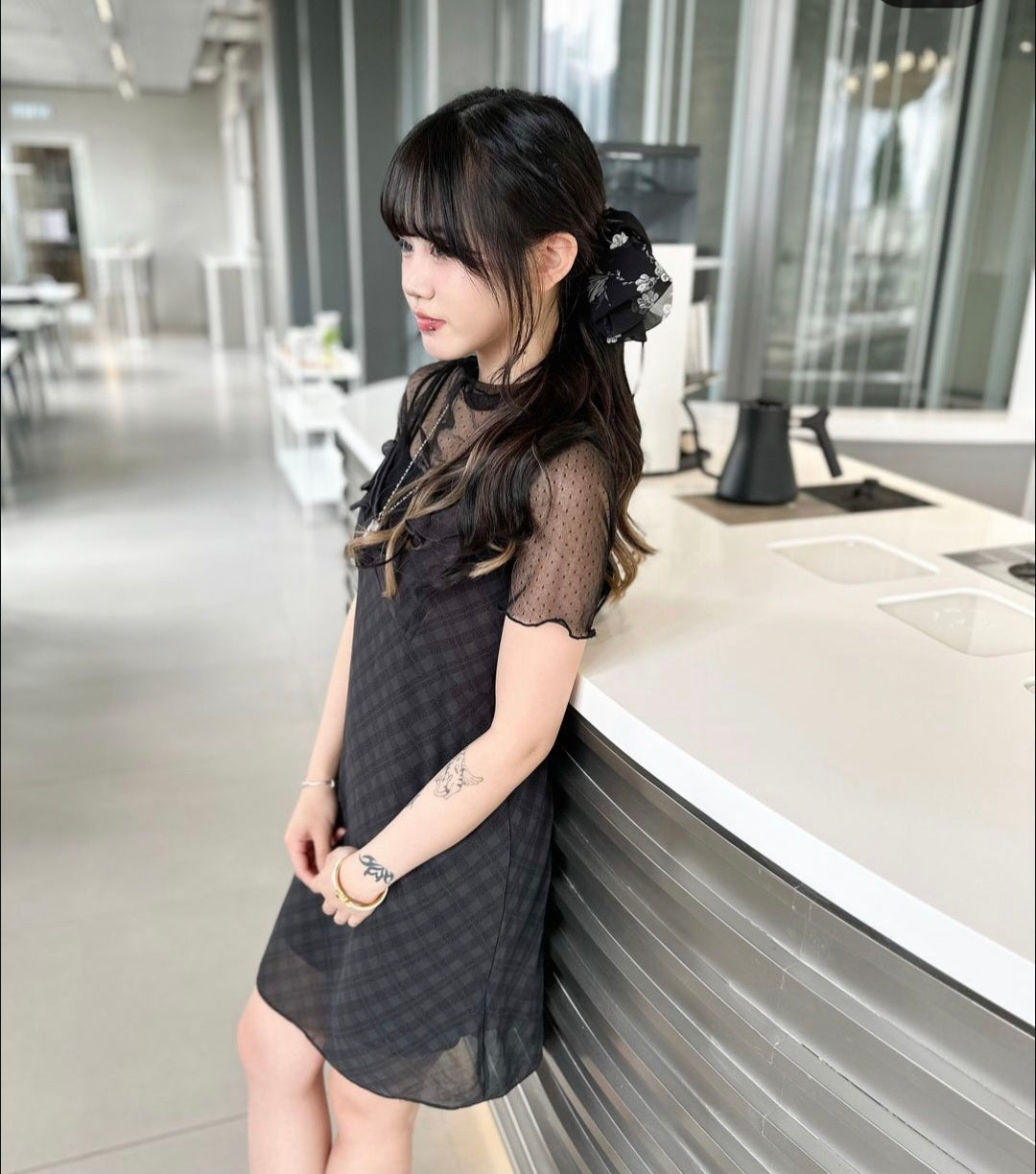 半透黑白印花馬尾夾