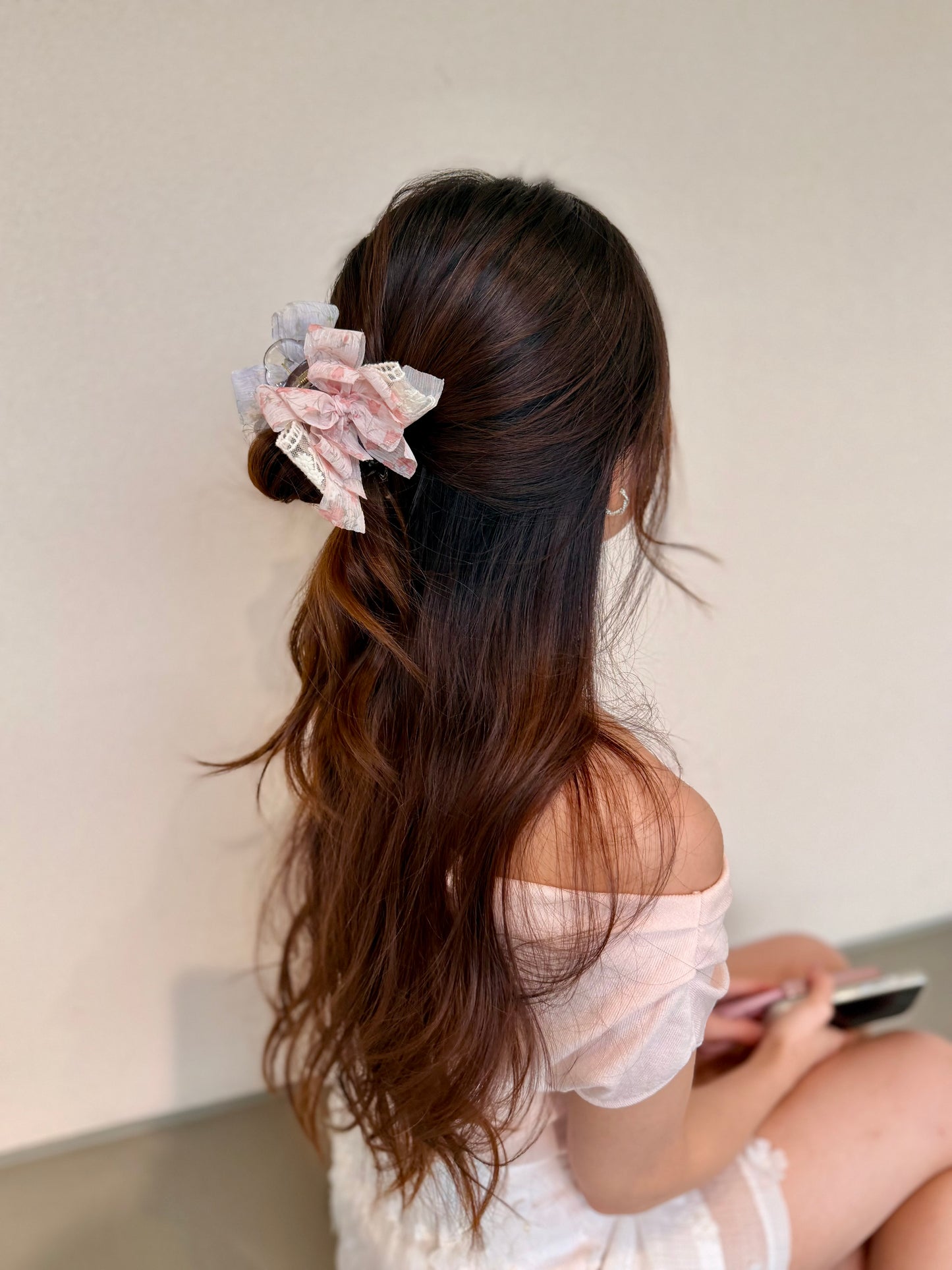 雙色碎花蕾絲丸子夾