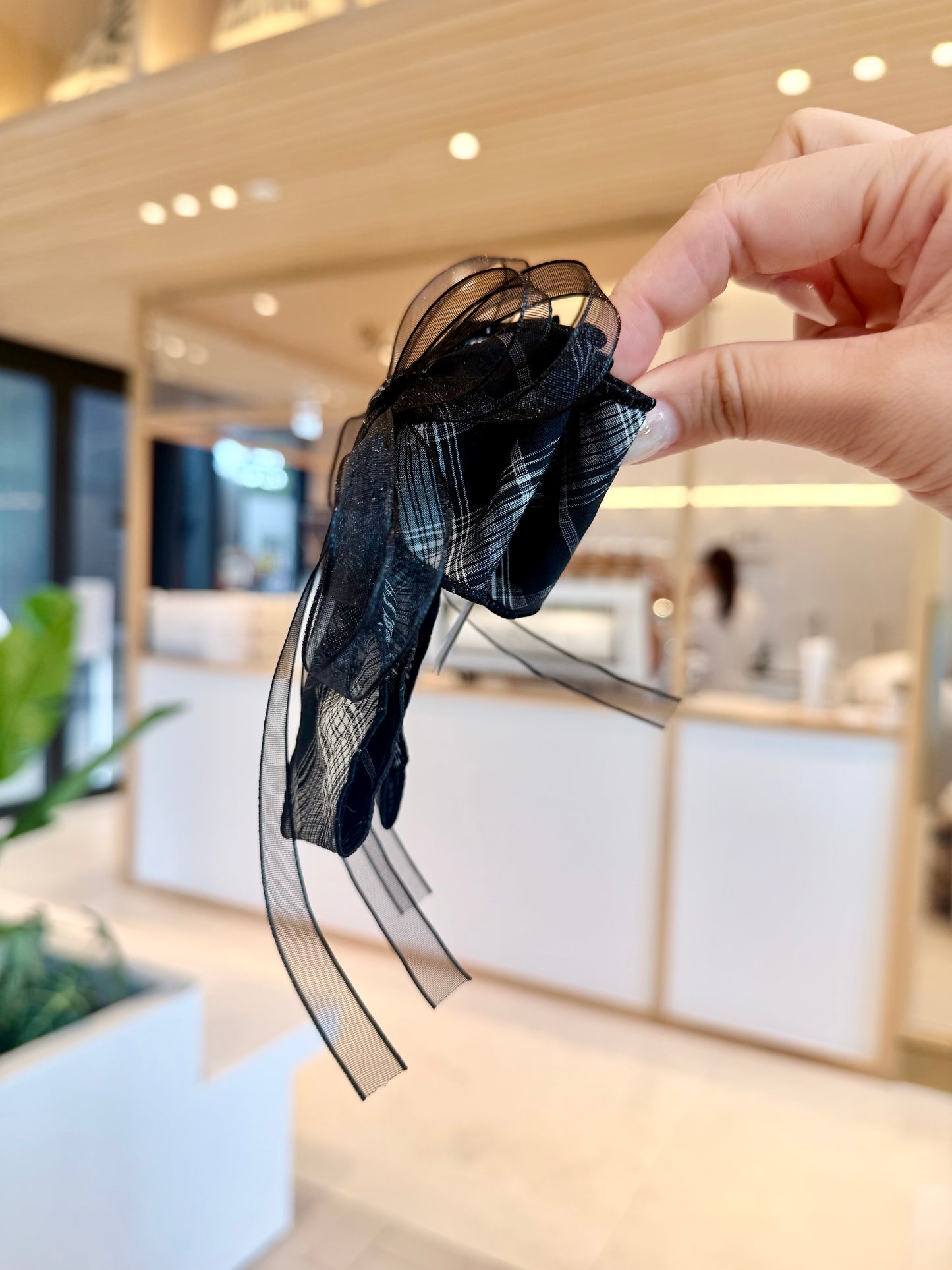 英倫格紋雙層歐根紗蝴蝶結抓夾