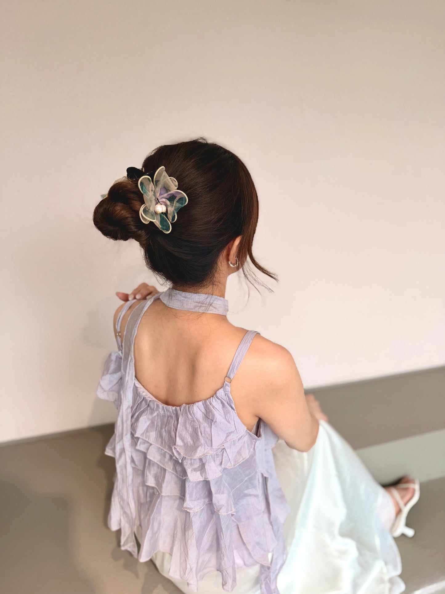 半透網紗碎花丸子夾