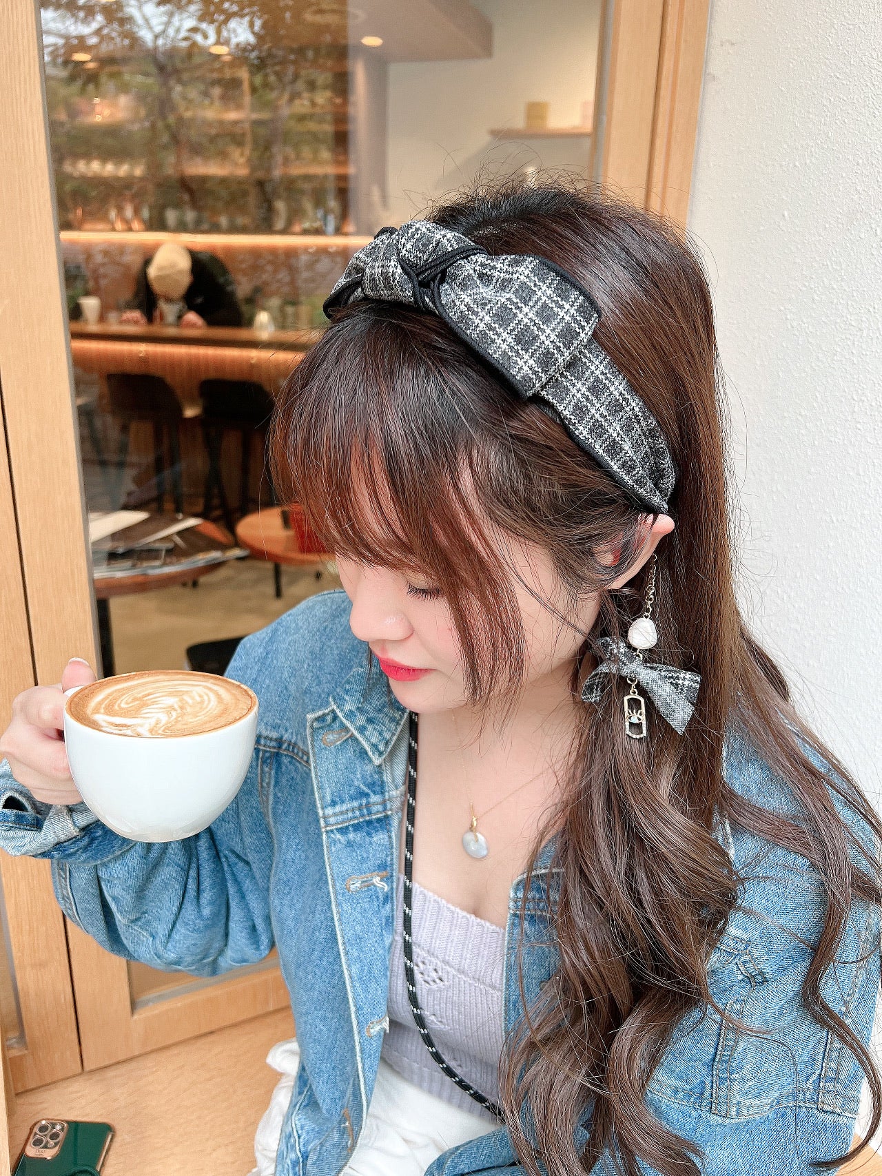 🎀韓國格仔紋珍珠耳環頭箍