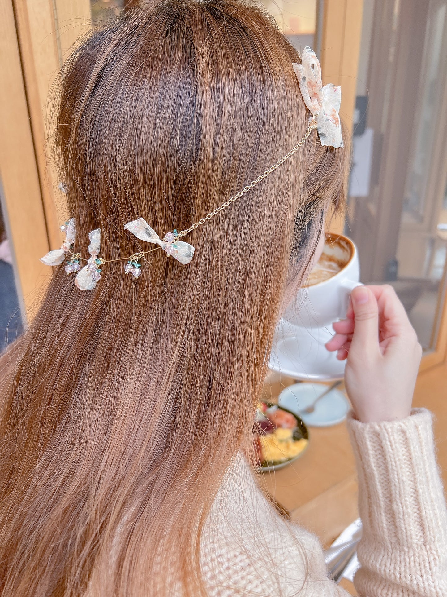 ✨韓國櫻桃水晶蝴蝶結髮鏈頭箍