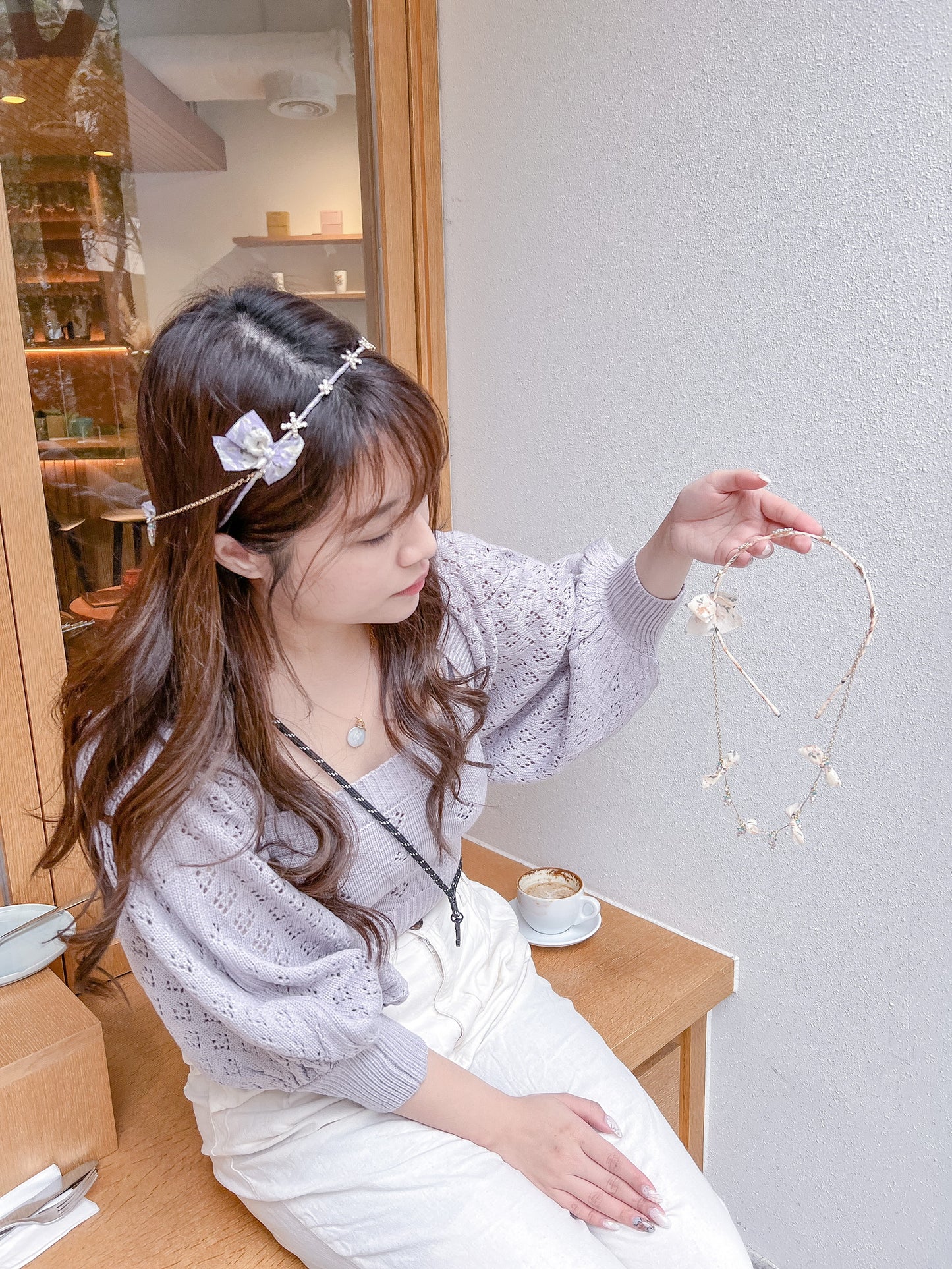✨韓國櫻桃水晶蝴蝶結髮鏈頭箍